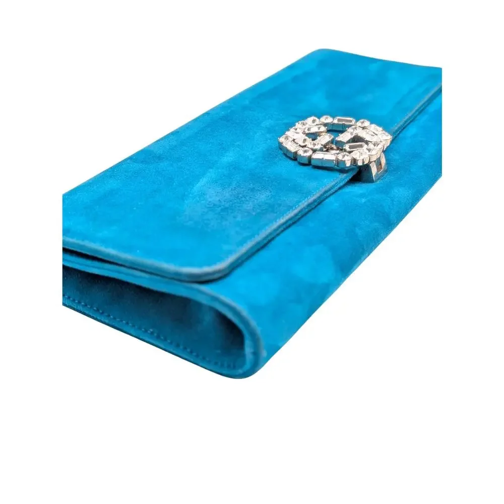 Gucci Broadway Teal Turquoise Blue Suede Swarovski Crystal Clutch Evening Bag